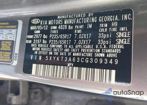 2012 Kia Sorento Lx из США, поврежденный, VIN 5XYKT3A63CG309349